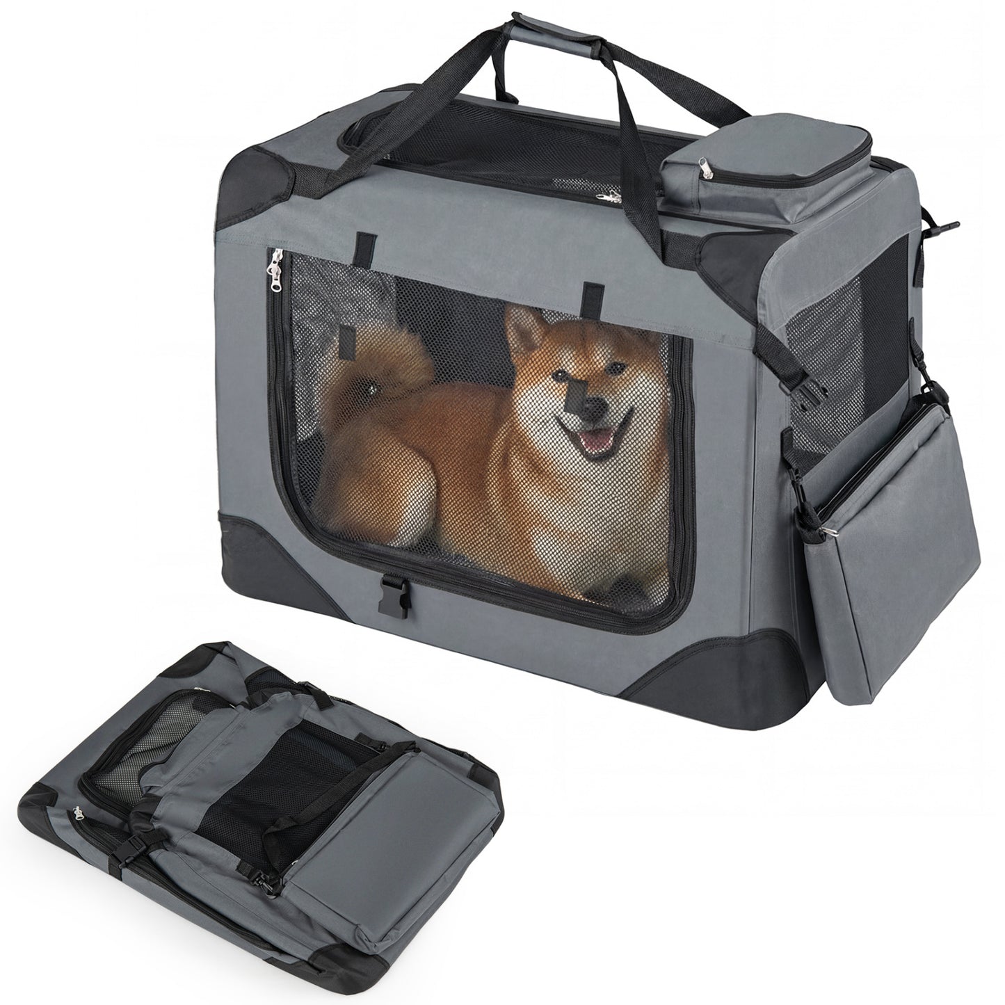Collapsible Soft Dog Crate Travel Crate with Mesh Windows and 3 Doors-M, Gray Dog Kennels at Gallery Canada