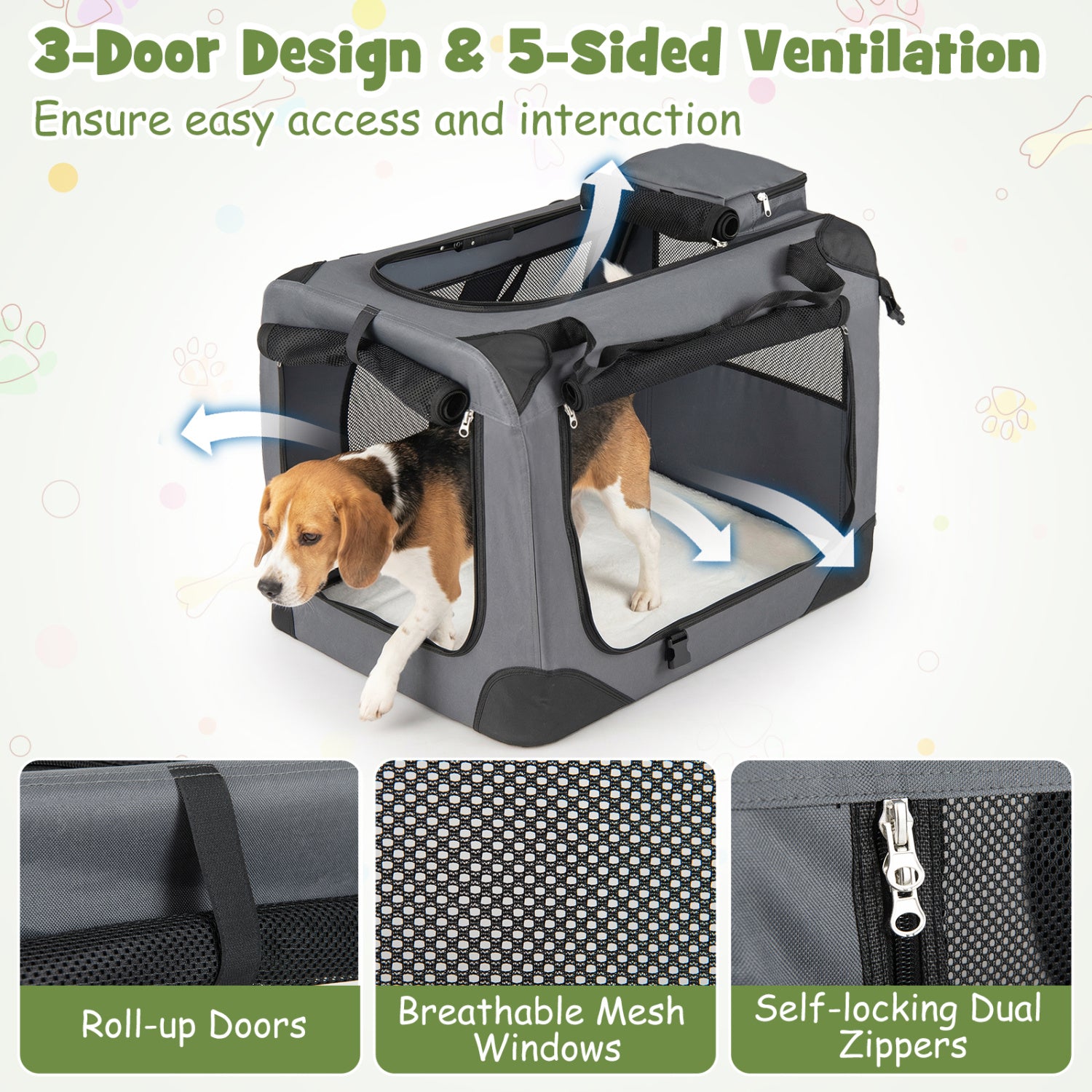 Collapsible Soft Dog Crate Travel Crate with Mesh Windows and 3 Doors-M, Gray Dog Kennels at Gallery Canada