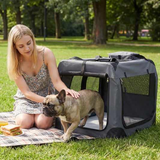 Collapsible Soft Dog Crate Travel Crate with Mesh Windows and 3 Doors-L, Gray Dog Kennels Gray at Gallery Canada