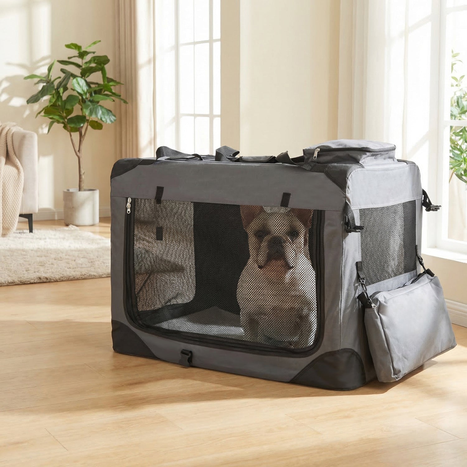 Collapsible Soft Dog Crate Travel Crate with Mesh Windows and 3 Doors-L, Gray Dog Kennels at Gallery Canada