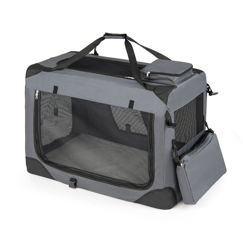 Collapsible Soft Dog Crate Travel Crate with Mesh Windows and 3 Doors-L, Gray