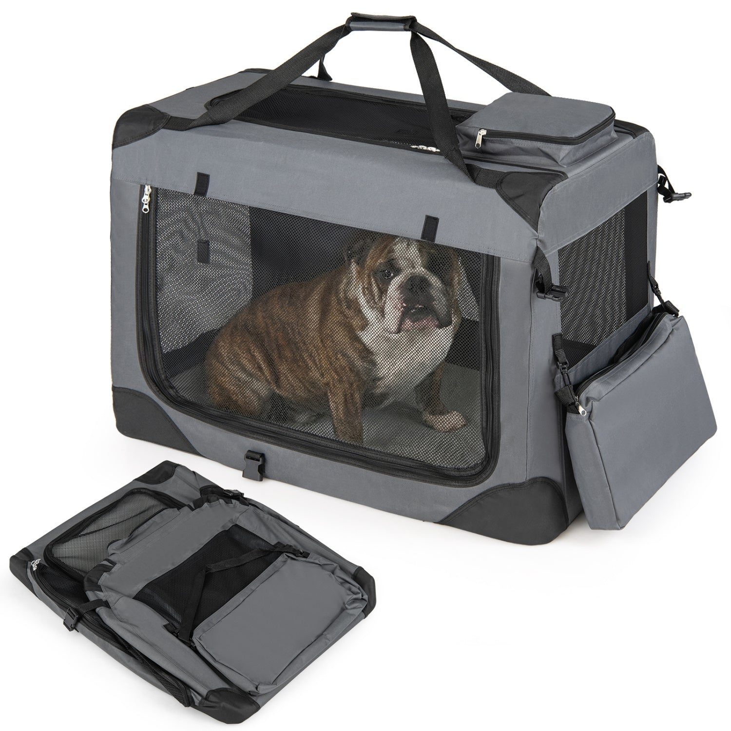 Collapsible Soft Dog Crate Travel Crate with Mesh Windows and 3 Doors-L, Gray Dog Kennels at Gallery Canada