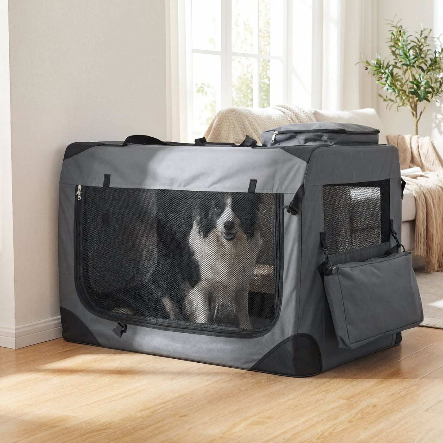 Collapsible Soft Dog Crate Travel Crate with Mesh Windows and 3 Doors-XL, Gray Dog Kennels at Gallery Canada