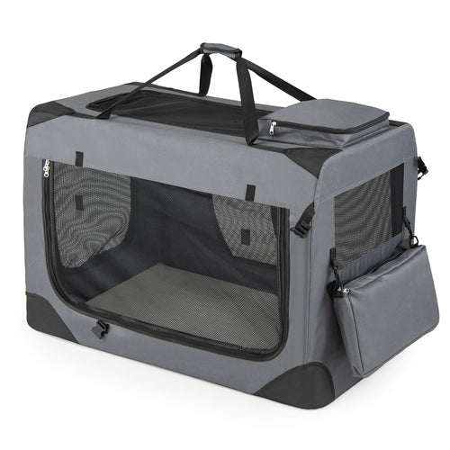 Collapsible Soft Dog Crate Travel Crate with Mesh Windows and 3 Doors-XL, Gray