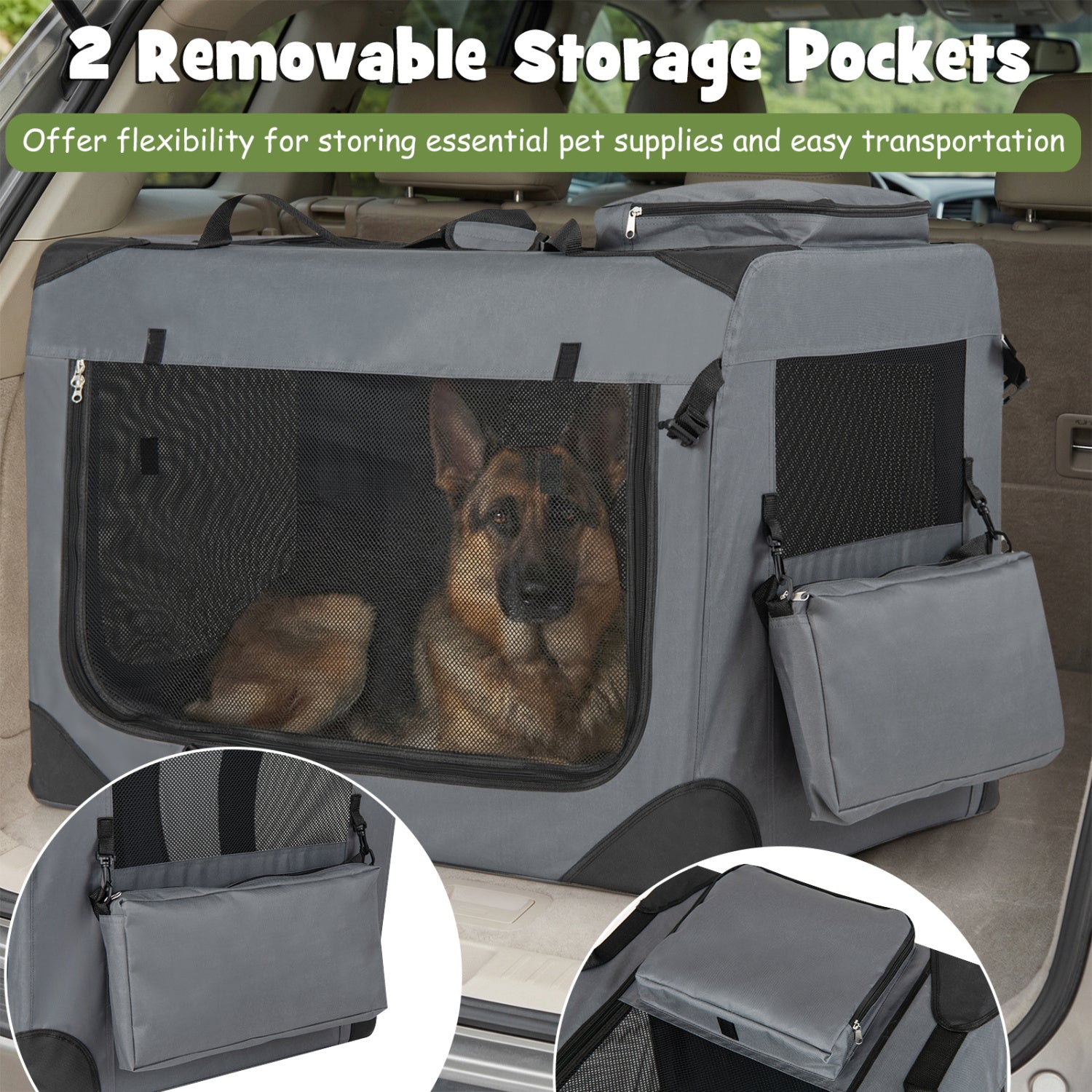 Collapsible Soft Dog Crate Travel Crate with Mesh Windows and 3 Doors-XL, Gray Dog Kennels at Gallery Canada