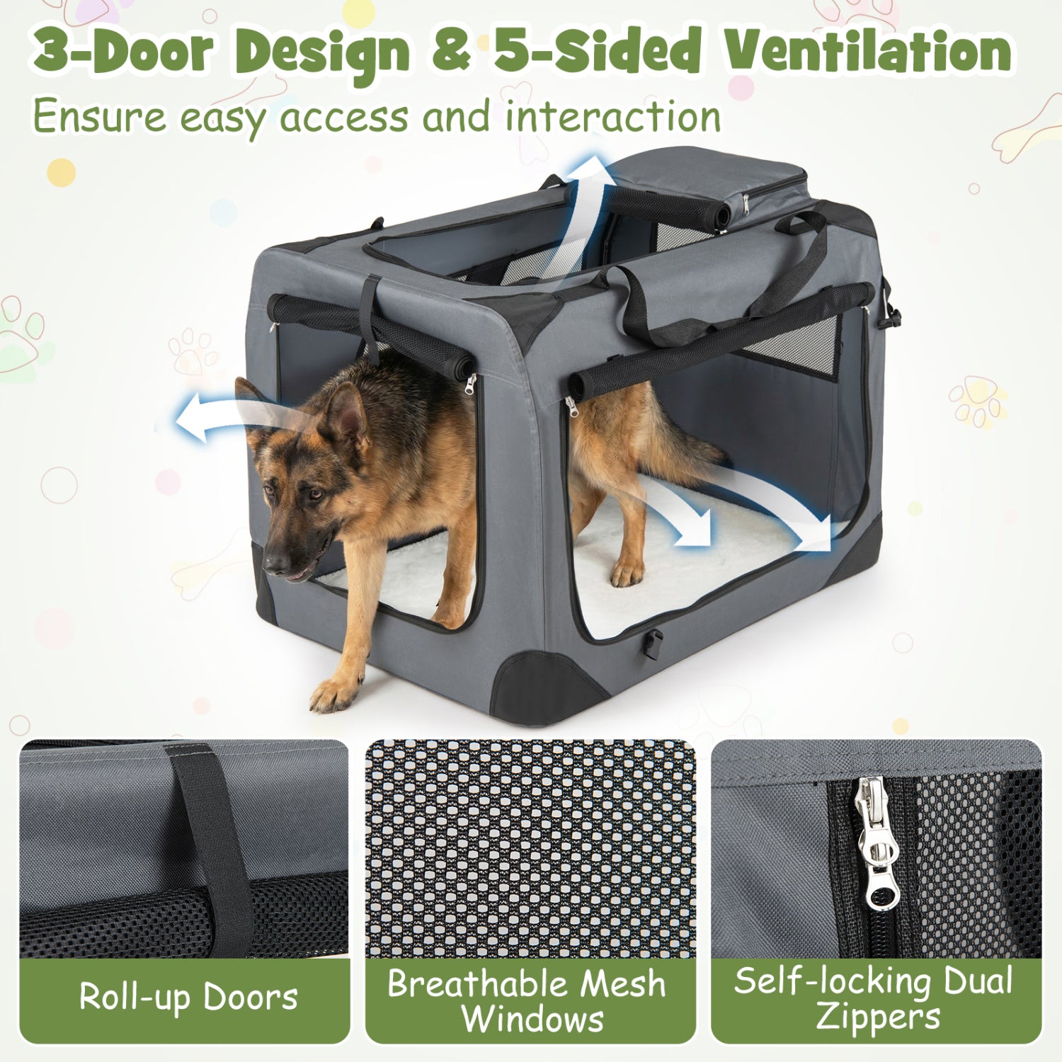 Collapsible Soft Dog Crate Travel Crate with Mesh Windows and 3 Doors-XL, Gray Dog Kennels at Gallery Canada