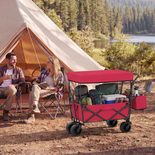 Collapsible Wagon, Removable Canopy, Detachable Storage Bag, Red