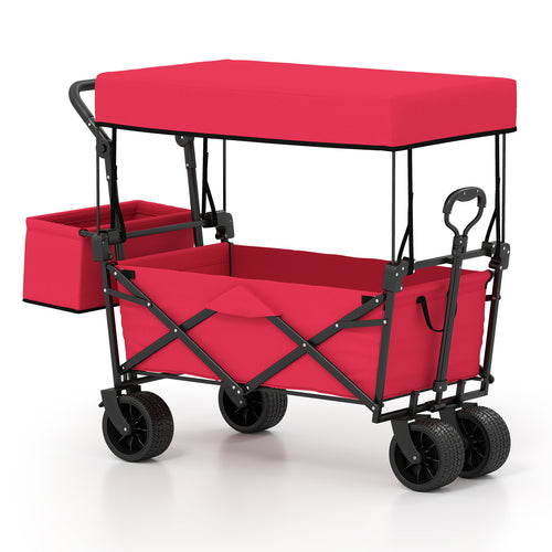 Collapsible Wagon, Removable Canopy, Detachable Storage Bag, Red