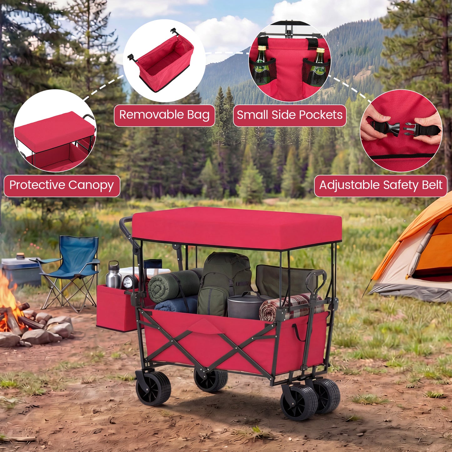 Collapsible Wagon, Removable Canopy, Detachable Storage Bag, Red Camping Furniture at Gallery Canada