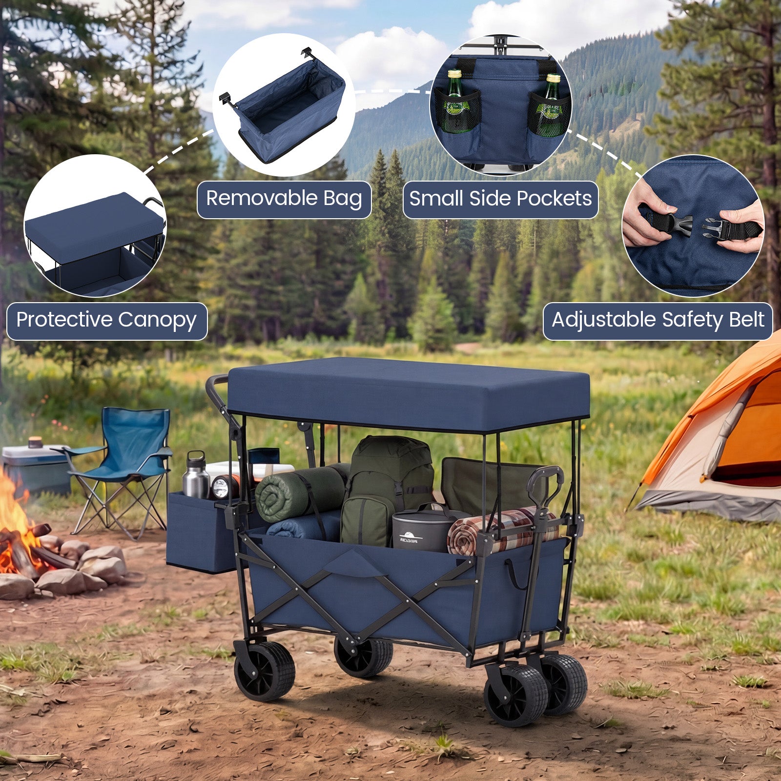 Collapsible Wagon, Removable Canopy, Detachable Storage Bag, Blue Camping Furniture at Gallery Canada