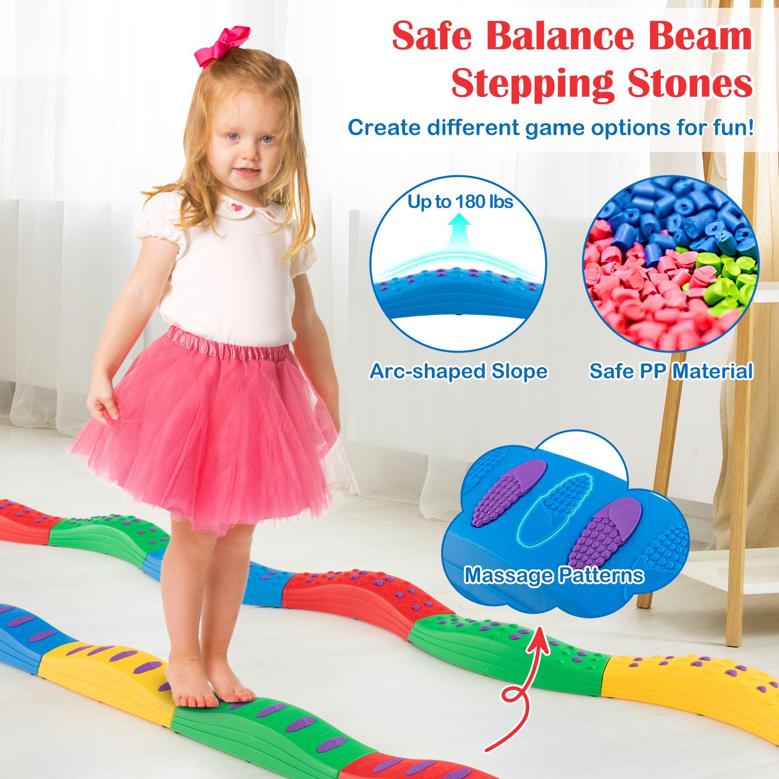 Colorful Kids Wavy Balance Beam with Textured Surface and Non-slip Foot Pads, Multicolor Outdoor Play at Gallery Canada