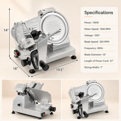 Commercial Meat Slicer, 10" Carbon Steel Blade, 0-0.47" Thickness, Silver