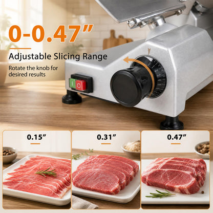Commercial Meat Slicer, 10" Carbon Steel Blade, 0-0.47" Thickness, Silver