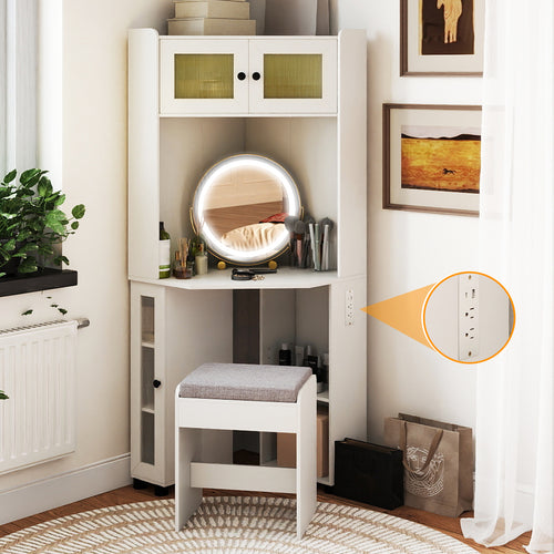 Compact Dressing Corner Vanity Desk with Mirror and Lights, White