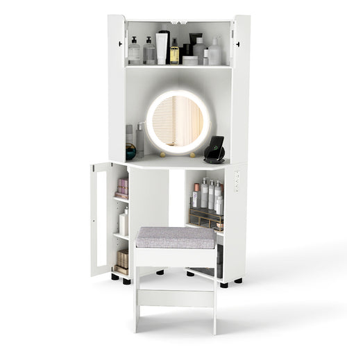 Compact Dressing Corner Vanity Desk with Mirror and Lights, White