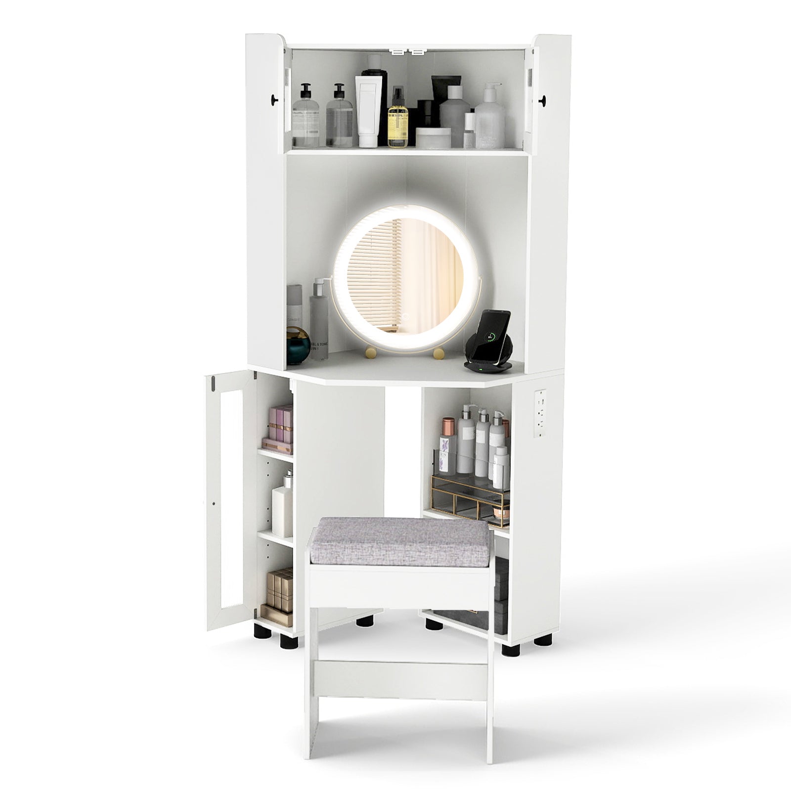 Compact Dressing Corner Vanity Desk with Mirror and Lights, White Makeup Vanities at Gallery Canada