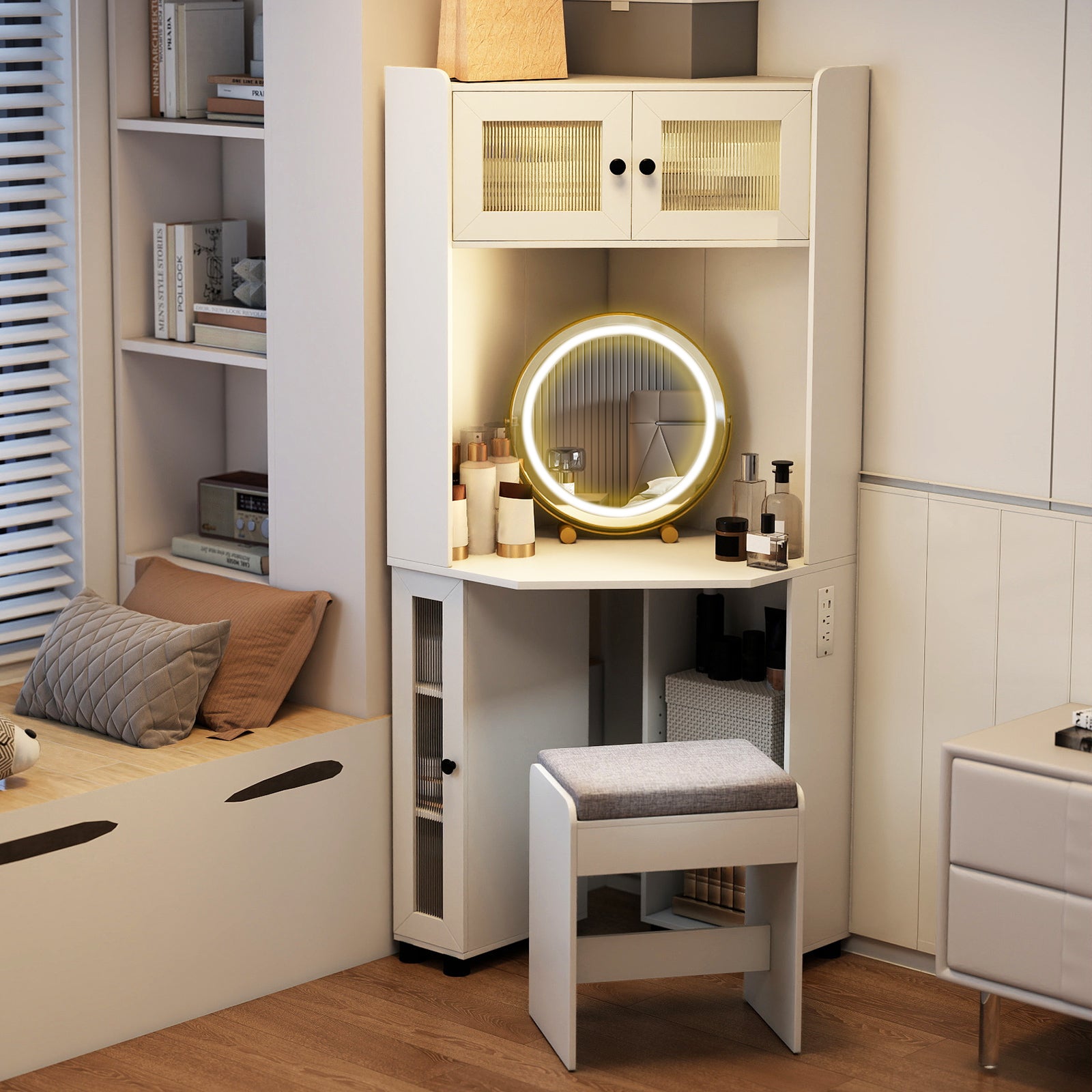 Compact Dressing Corner Vanity Desk with Mirror and Lights, White Makeup Vanities at Gallery Canada