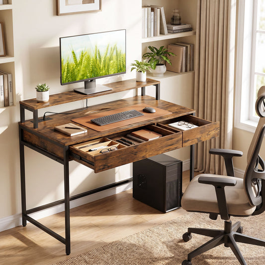 Compact Office Desk with Removable Monitor Shelf and Dual-use Drawer, Rustic Brown Computer Desks Rustic Brown at Gallery Canada