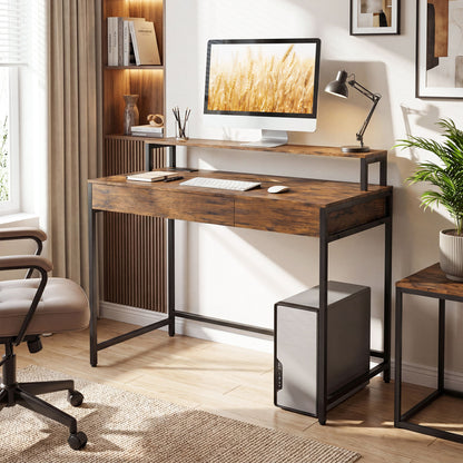 Compact Office Desk with Removable Monitor Shelf and Dual-use Drawer, Rustic Brown Computer Desks at Gallery Canada