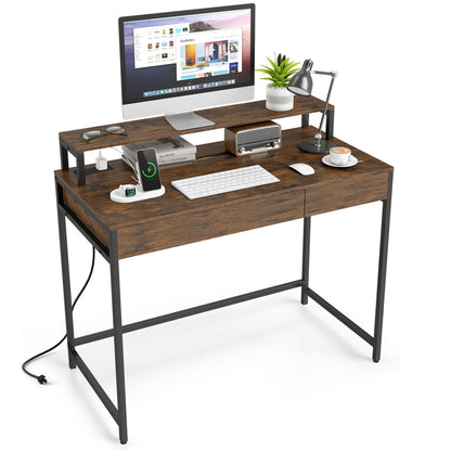 Compact Office Desk with Removable Monitor Shelf and Dual-use Drawer, Rustic Brown Computer Desks at Gallery Canada