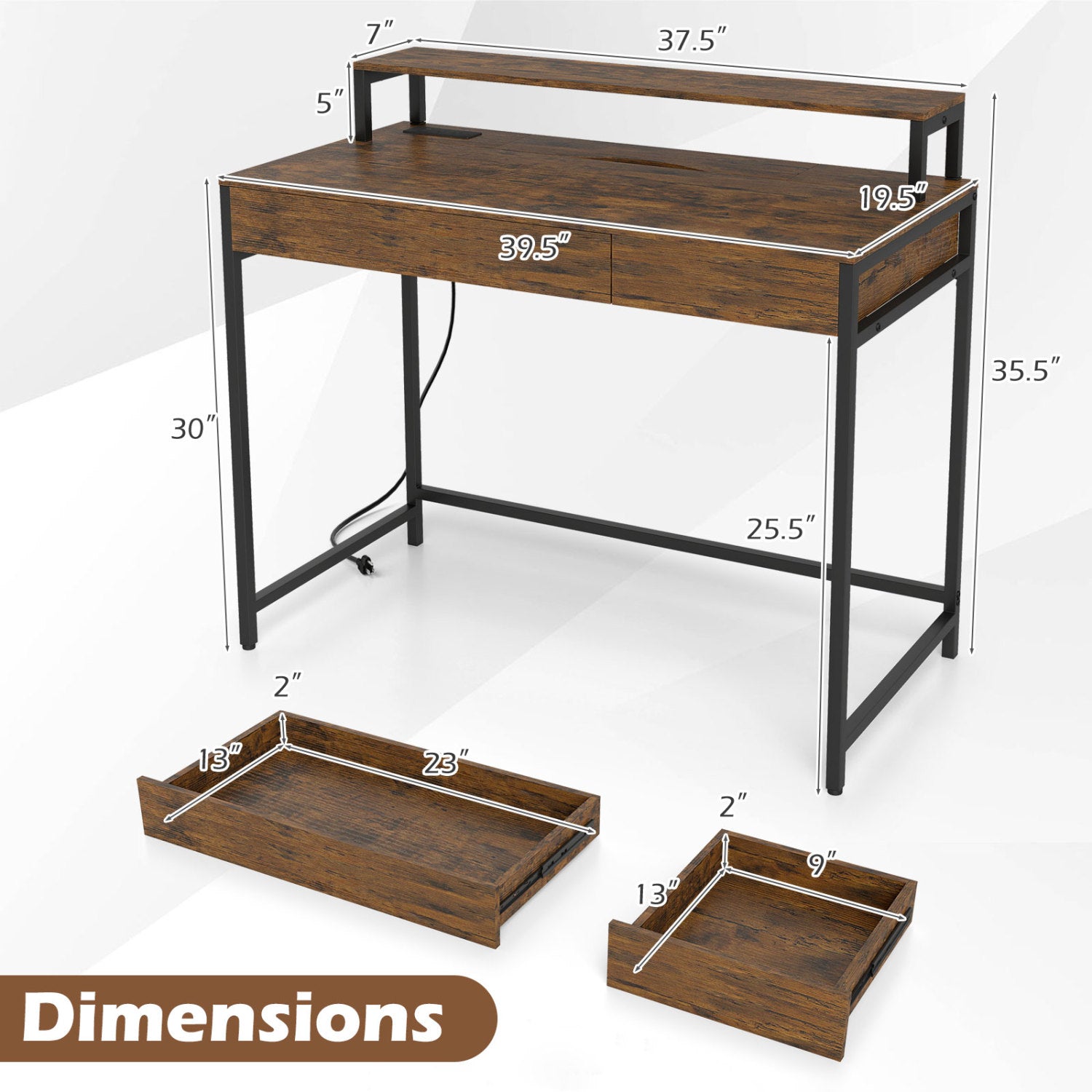 Compact Office Desk with Removable Monitor Shelf and Dual-use Drawer, Rustic Brown Computer Desks at Gallery Canada