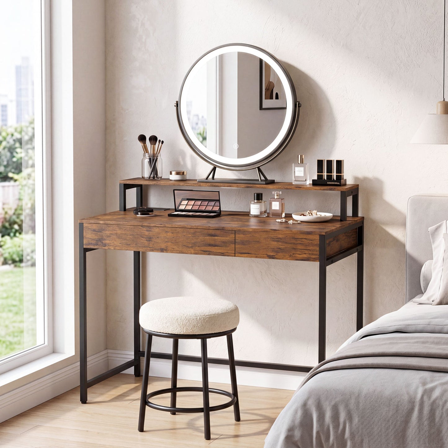 Compact Office Desk with Removable Monitor Shelf and Dual-use Drawer, Rustic Brown Computer Desks at Gallery Canada