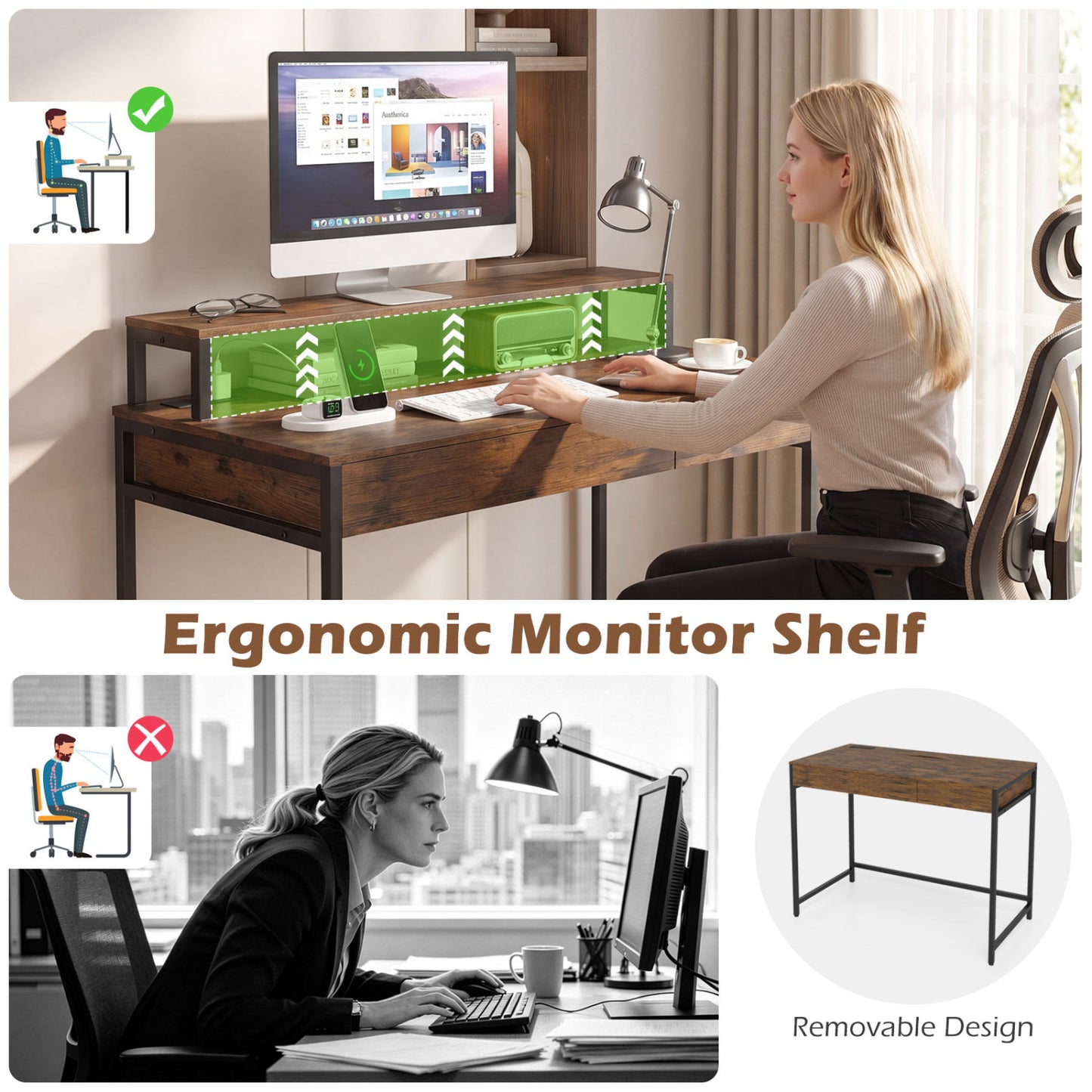 Compact Office Desk with Removable Monitor Shelf and Dual-use Drawer, Rustic Brown Computer Desks at Gallery Canada