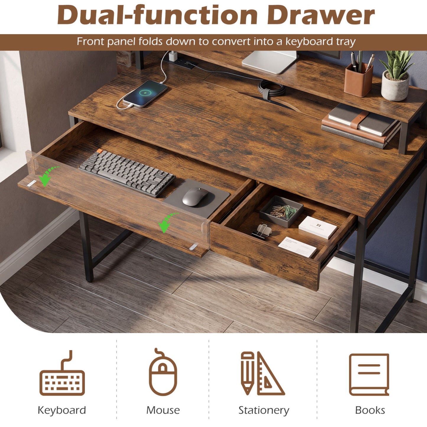 Compact Office Desk with Removable Monitor Shelf and Dual-use Drawer, Rustic Brown Computer Desks at Gallery Canada