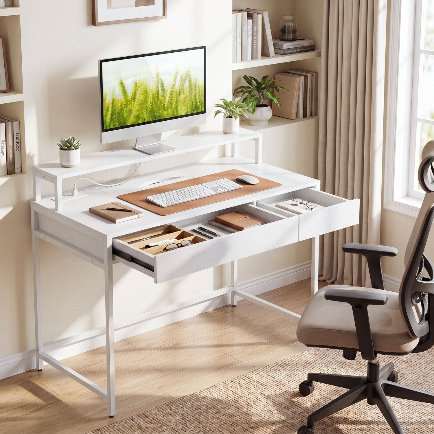 Compact Office Desk with Removable Monitor Shelf and Dual-use Drawer, White Computer Desks at Gallery Canada