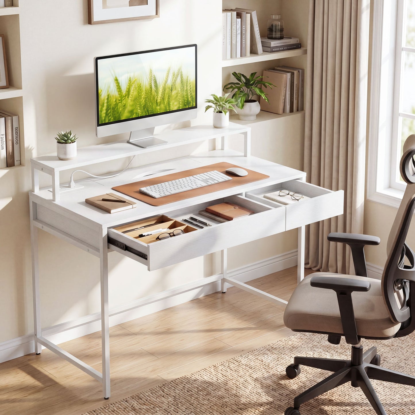 Compact Office Desk with Removable Monitor Shelf and Dual-use Drawer, White Computer Desks at Gallery Canada