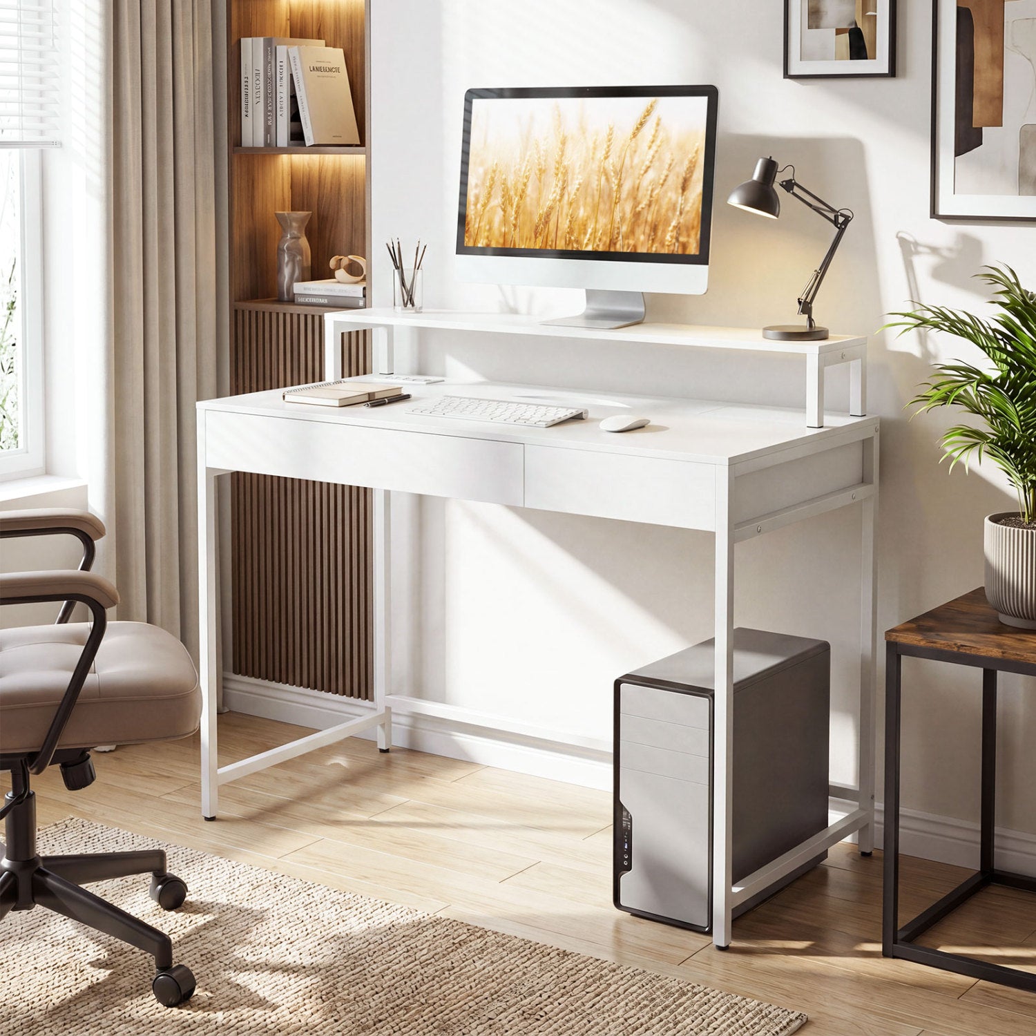 Compact Office Desk with Removable Monitor Shelf and Dual-use Drawer, White Computer Desks at Gallery Canada