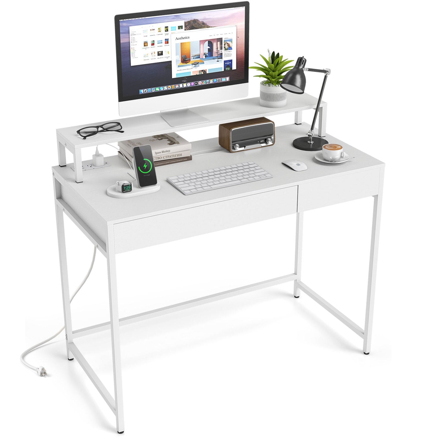 Compact Office Desk with Removable Monitor Shelf and Dual-use Drawer, White Computer Desks at Gallery Canada