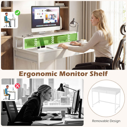 Compact Office Desk with Removable Monitor Shelf and Dual-use Drawer, White Computer Desks at Gallery Canada