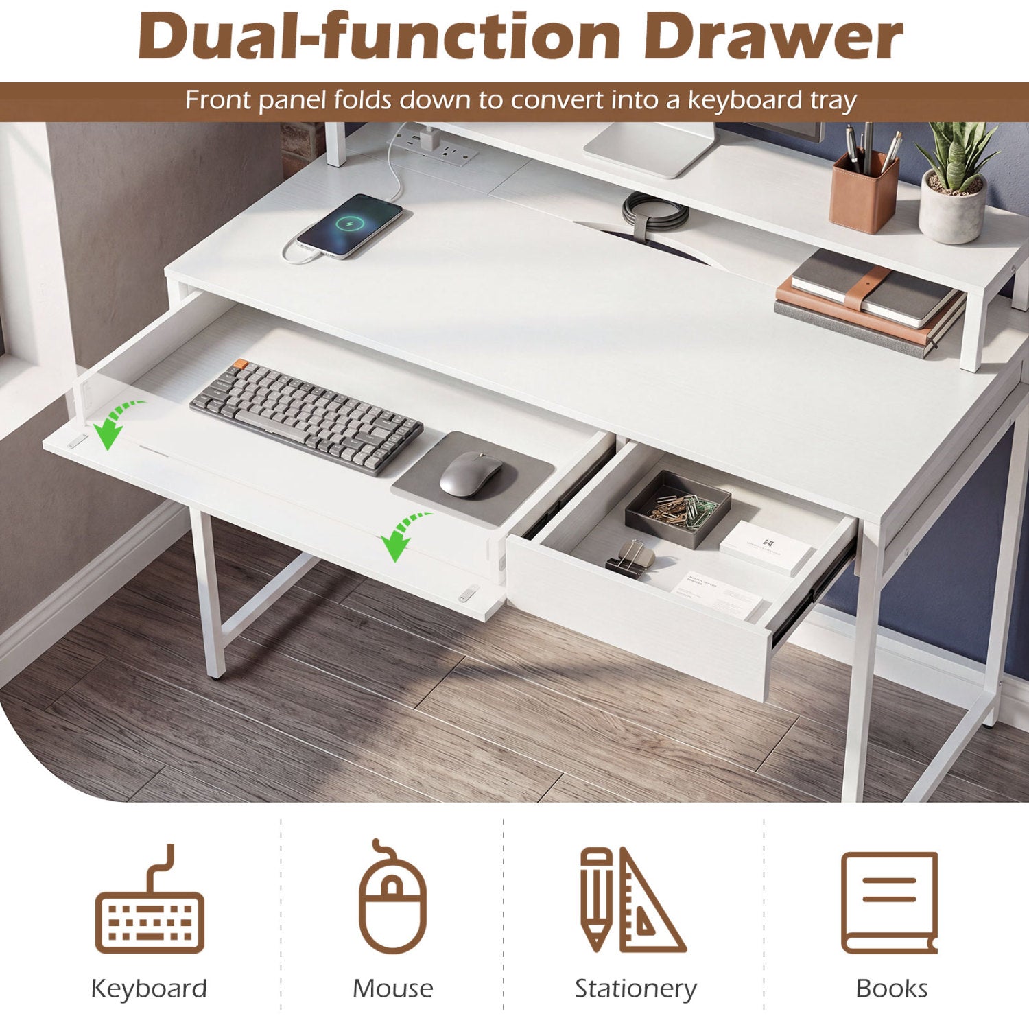 Compact Office Desk with Removable Monitor Shelf and Dual-use Drawer, White Computer Desks at Gallery Canada