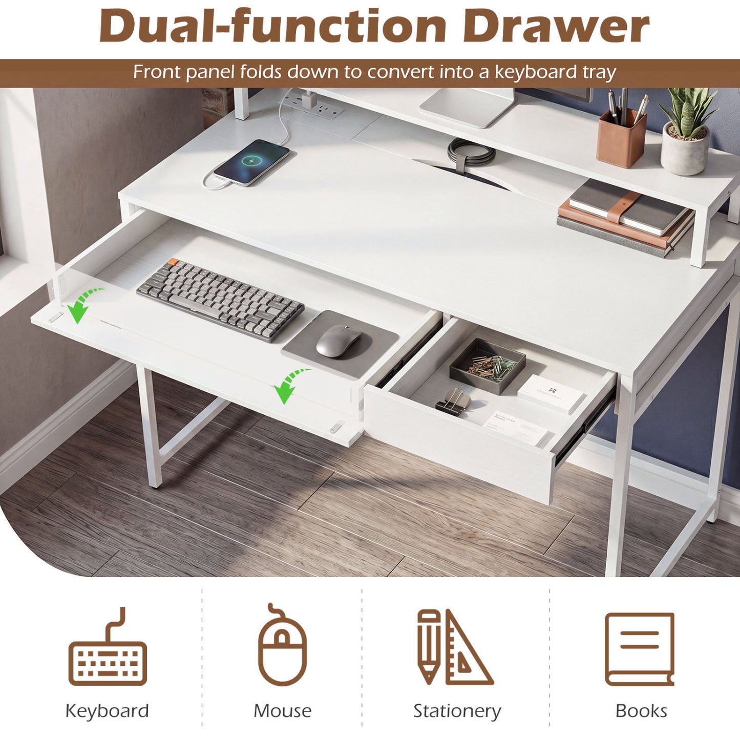 Compact Office Desk with Removable Monitor Shelf and Dual-use Drawer, White Computer Desks at Gallery Canada