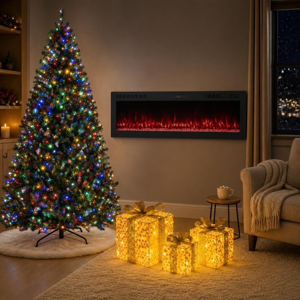 60" WiFi Fireplace, 7ft Christmas Tree, 3 Lighted Gift Boxes