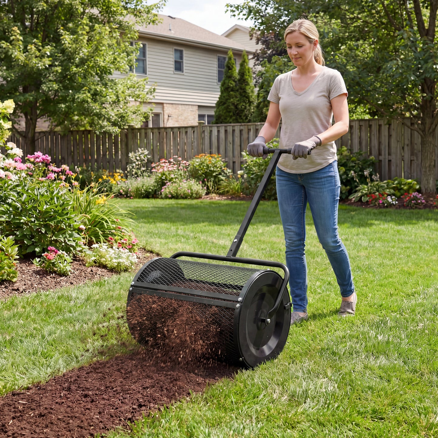24 Inch Peat Moss Spreader Roller, Height-Adjustable T-Shape Handle, Black Lawn Care Tools at Gallery Canada