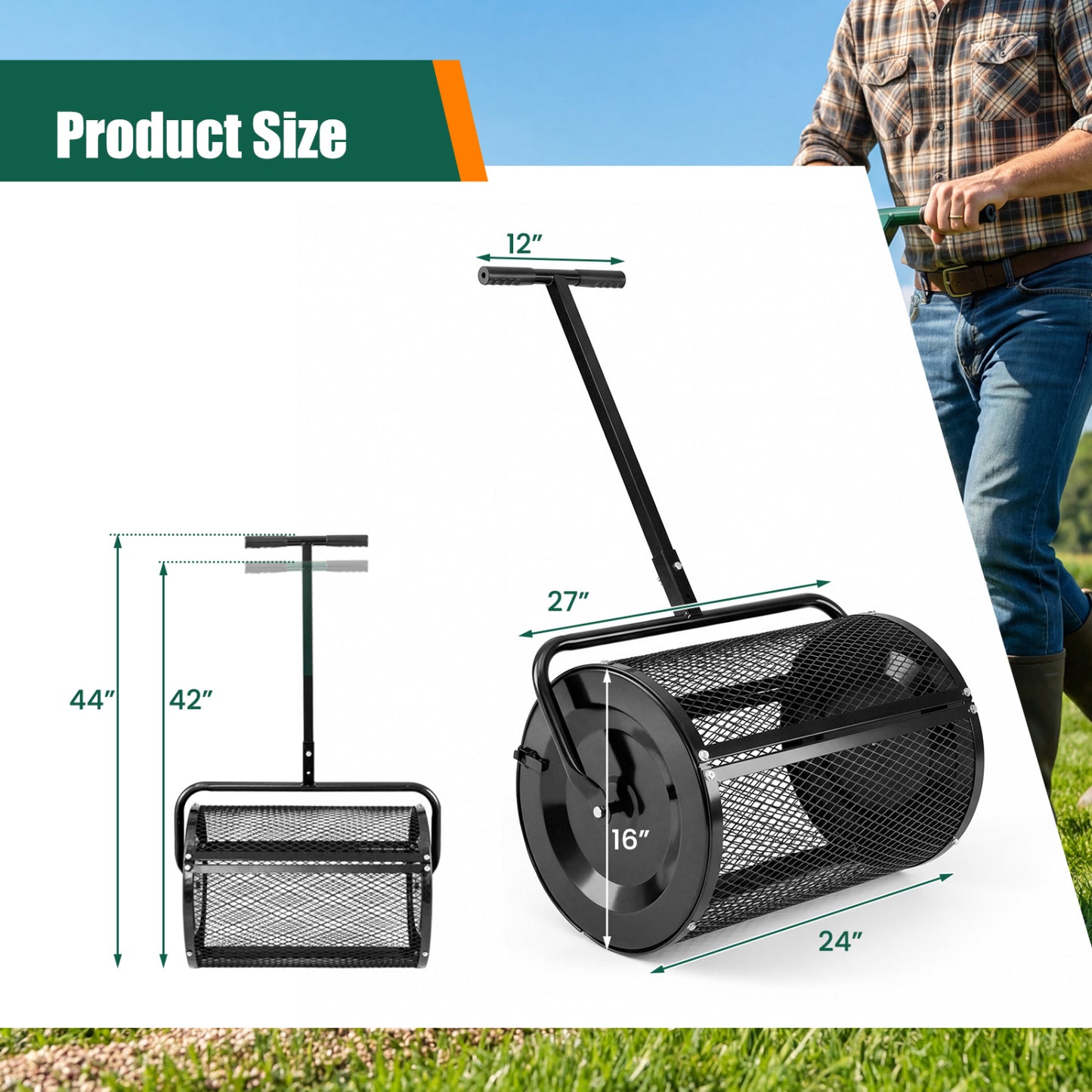 24 Inch Peat Moss Spreader Roller, Height-Adjustable T-Shape Handle, Black Lawn Care Tools at Gallery Canada