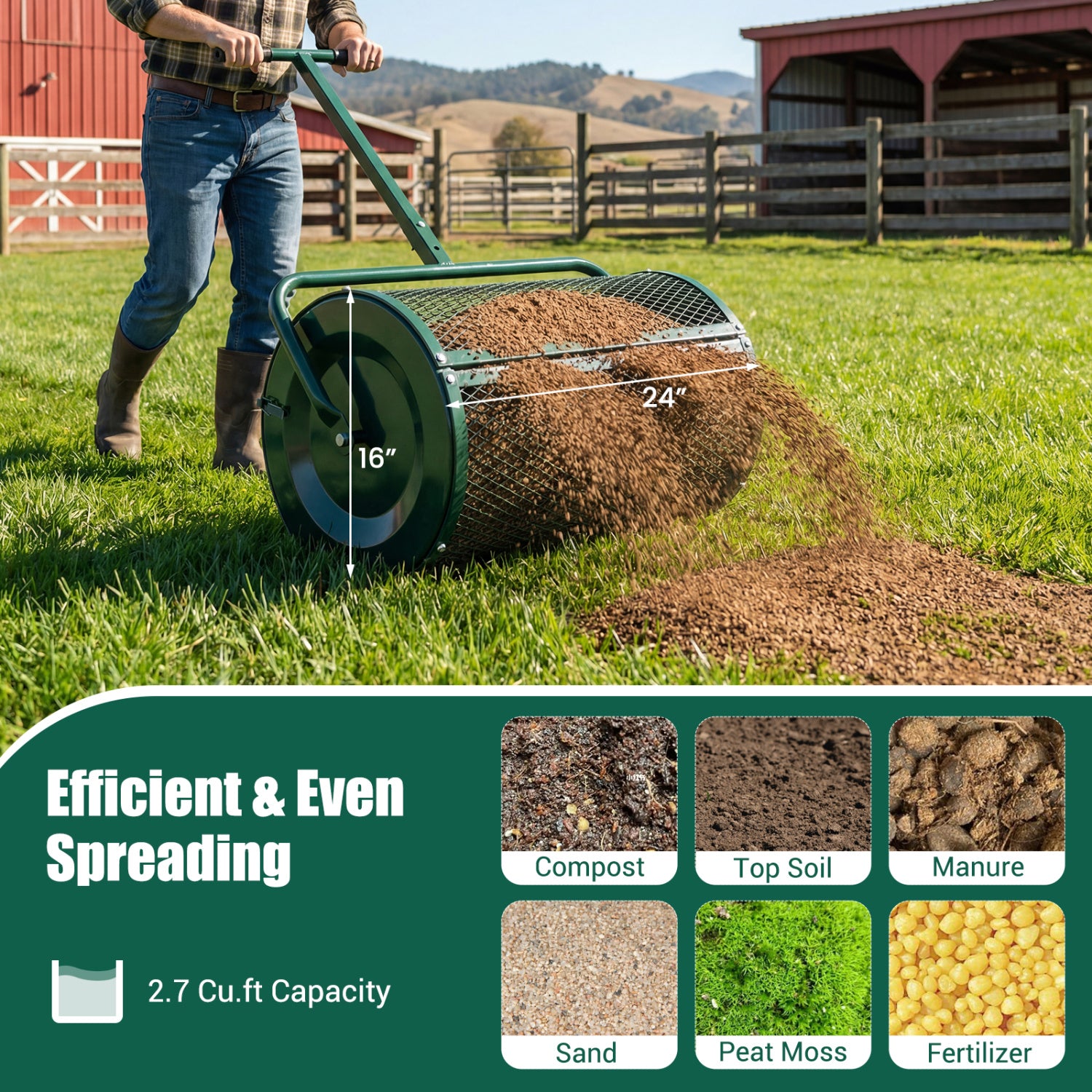 24 Inch Peat Moss Compost Spreader Roller, Height Adjustable T Handle, Green Lawn Care Tools at Gallery Canada