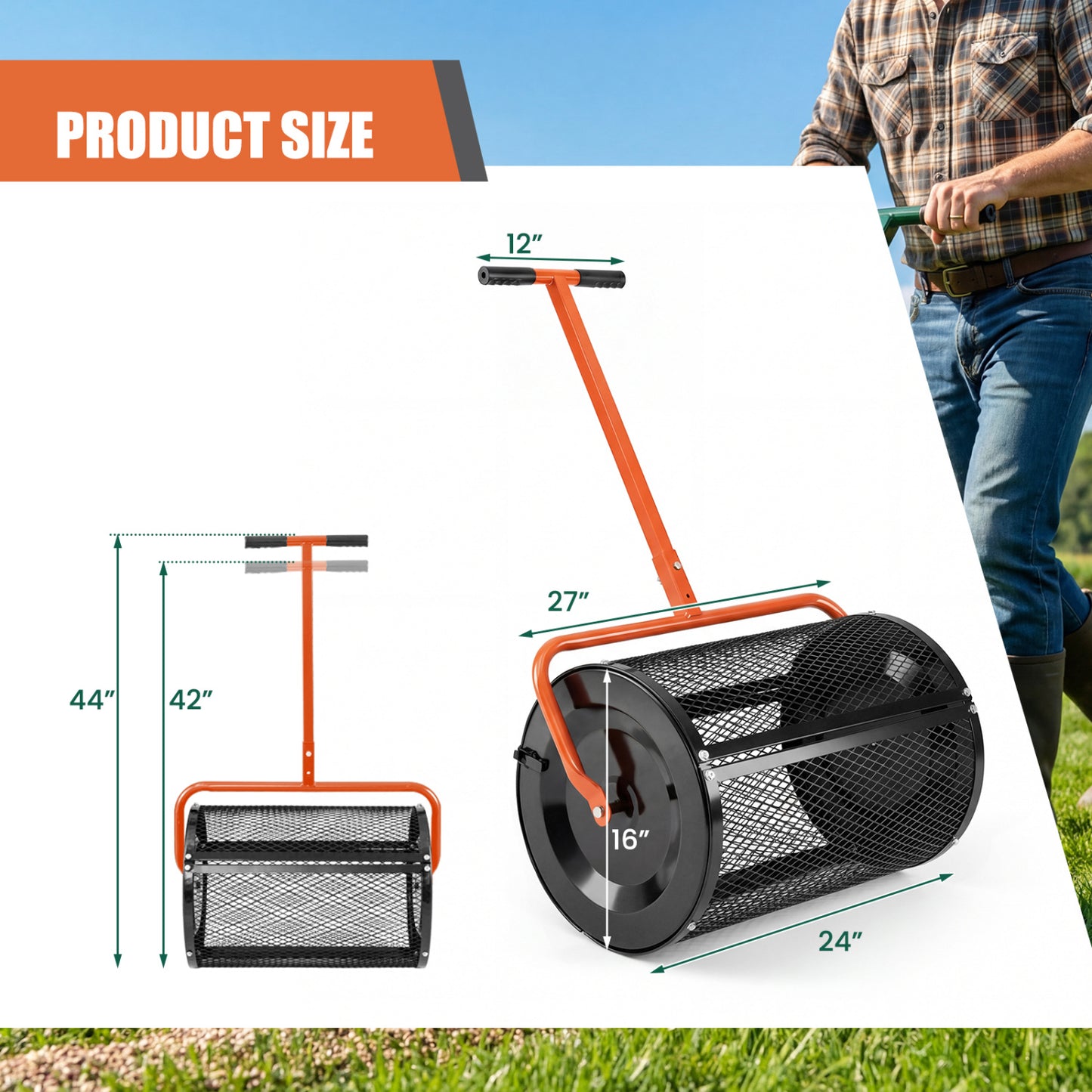 24 Inch Compost Spreader, Height Adjustable T Handle, Orange Lawn Care Tools at Gallery Canada
