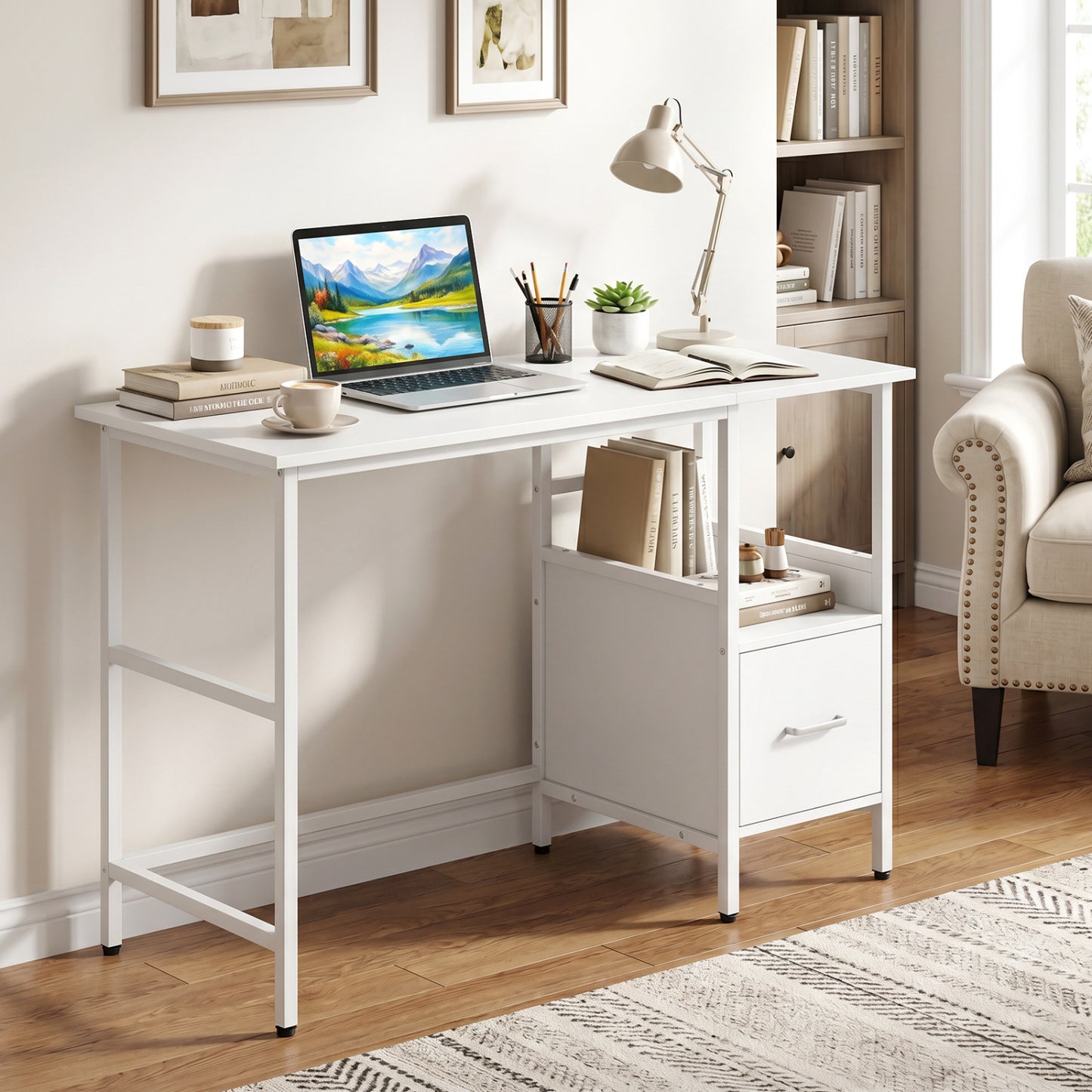 Computer Desk Modern Office Desk with Open Shelf and Storage Drawer, White