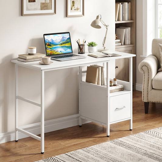 Computer Desk Modern Office Desk with Open Shelf and Storage Drawer, White