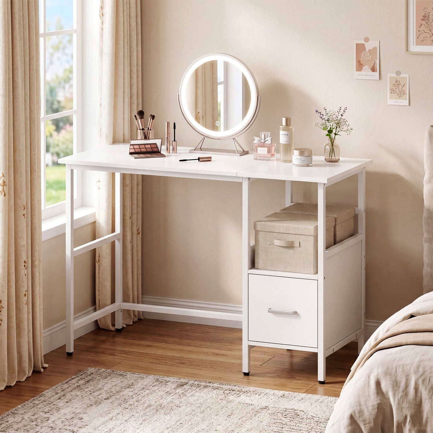 Computer Desk Modern Office Desk with Open Shelf and Storage Drawer, White