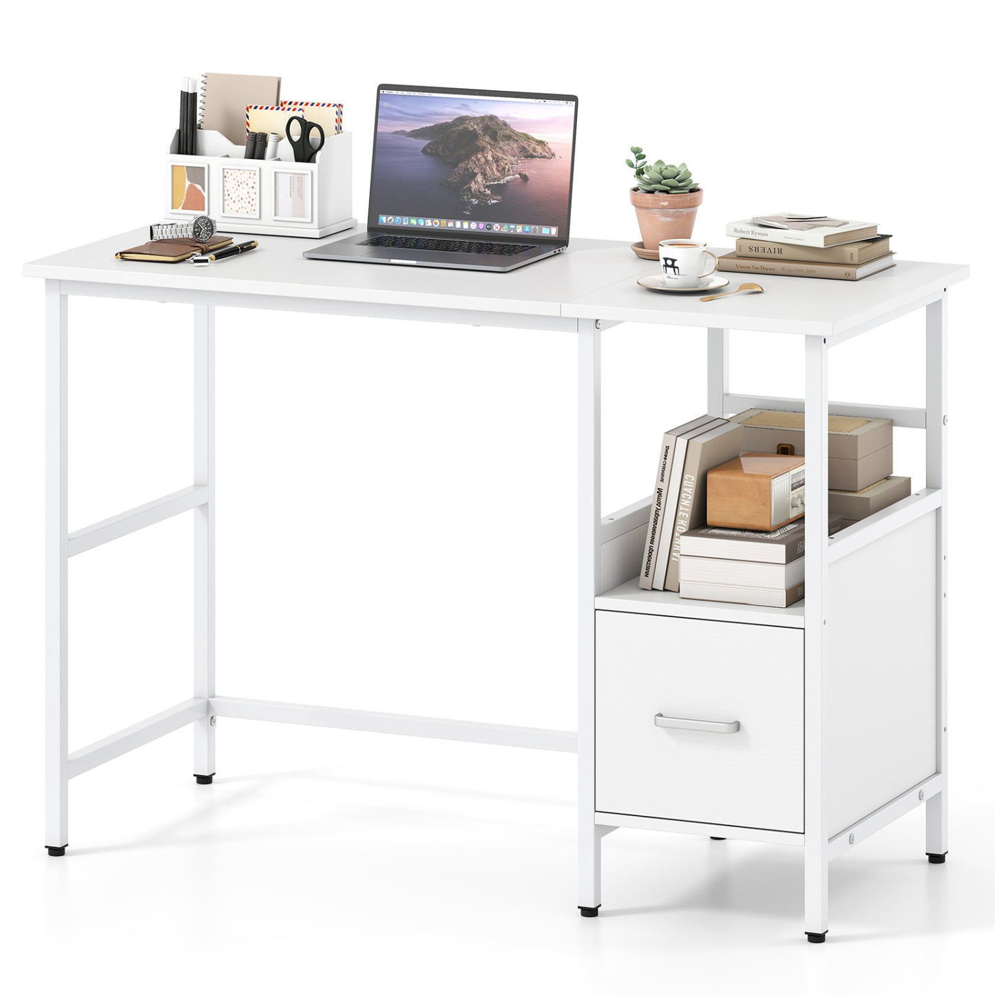 Computer Desk Modern Office Desk with Open Shelf and Storage Drawer, White
