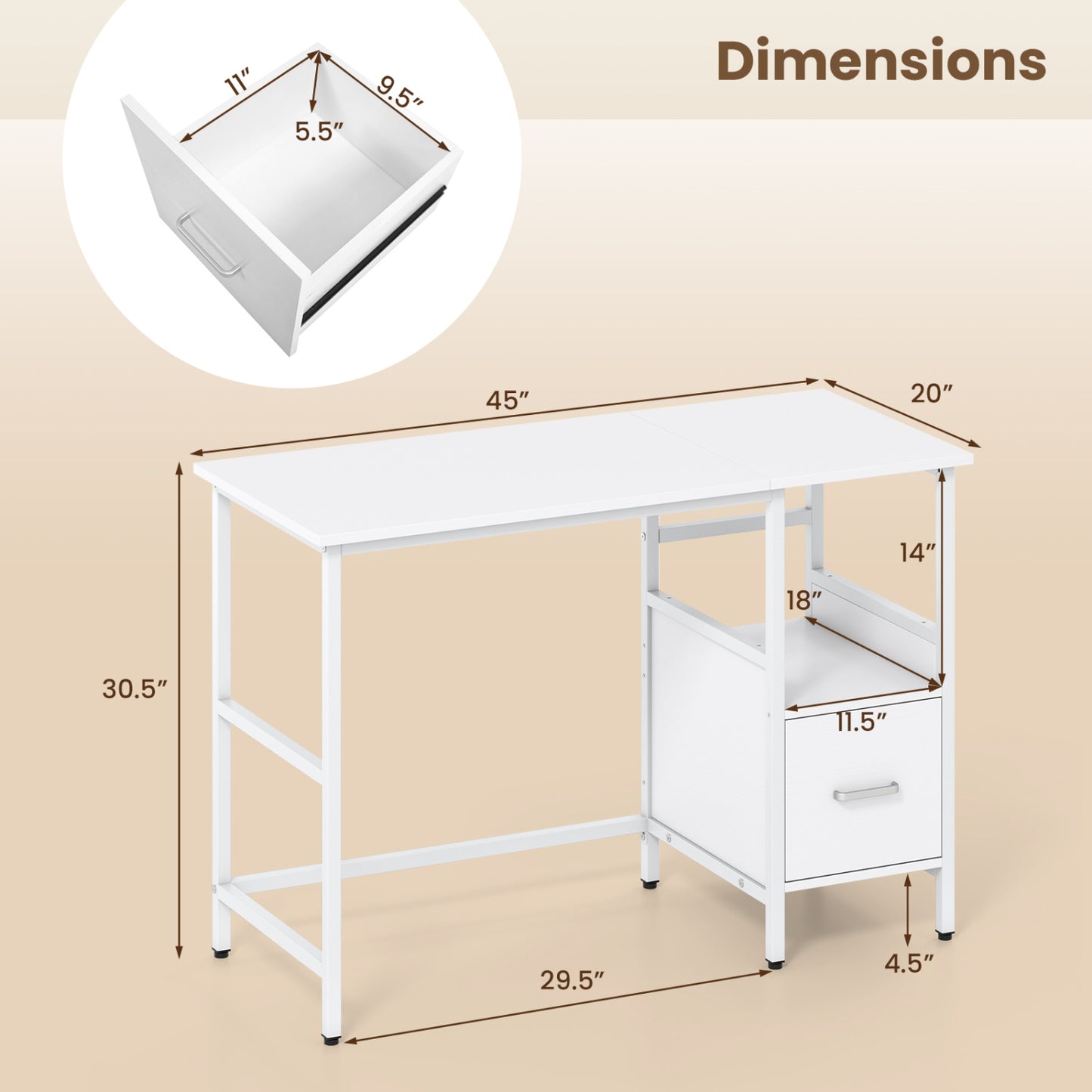 Computer Desk Modern Office Desk with Open Shelf and Storage Drawer, White