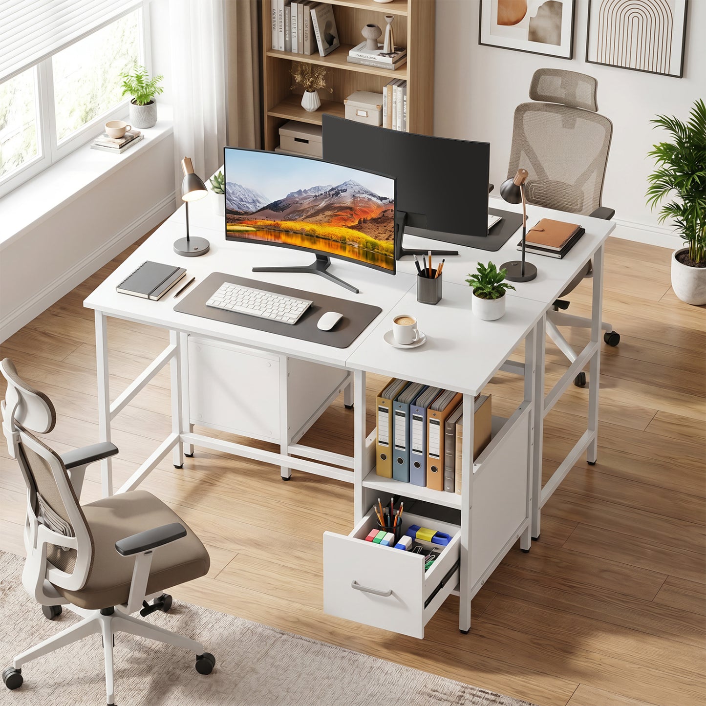 Computer Desk Modern Office Desk with Open Shelf and Storage Drawer, White