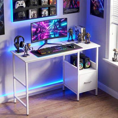 Computer Desk Modern Office Desk with Open Shelf and Storage Drawer, White