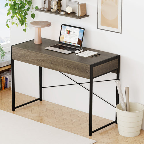 Computer Desk with 2 Drawers 44 Inch Home Office Desk with Metal Frame, Oak