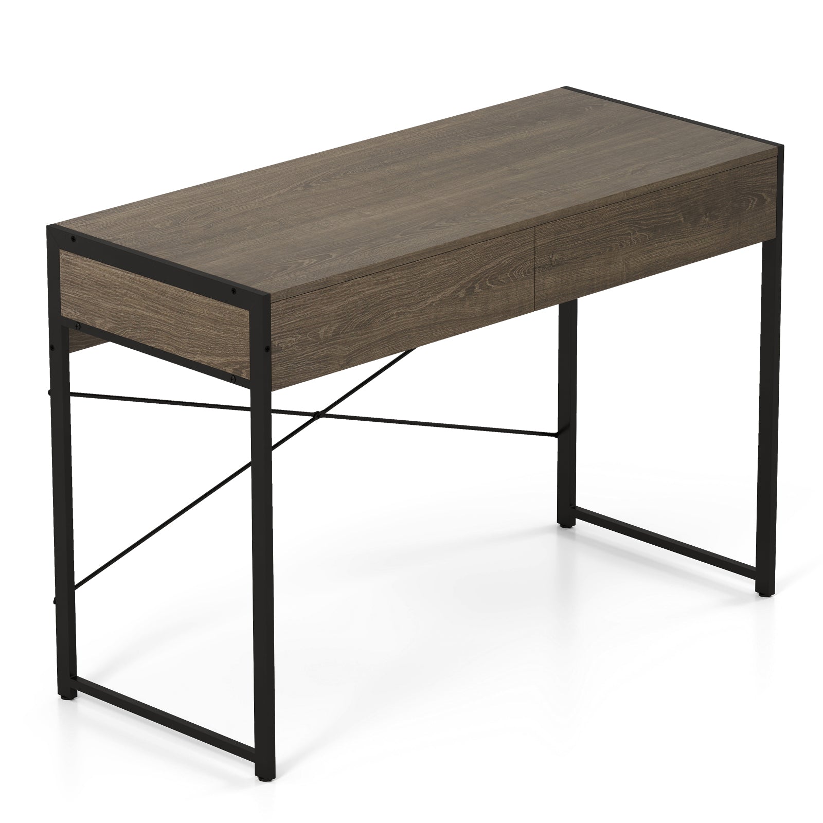 Computer Desk With 2 Drawers, 44 Inch, Oak, Metal Frame Computer Desks Oak at Gallery Canada