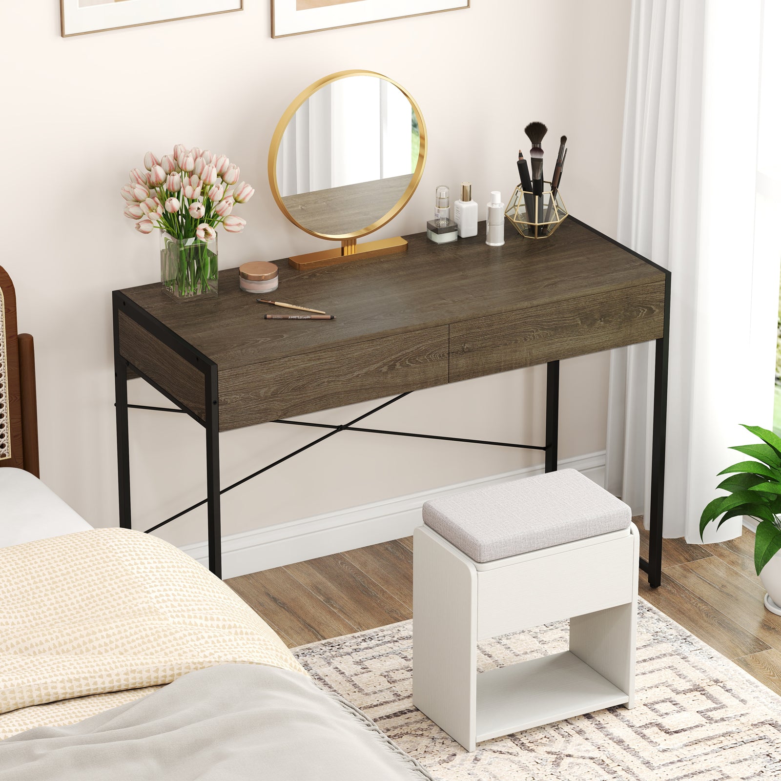 Computer Desk with 2 Drawers 44 Inch Home Office Desk with Metal Frame, Oak Computer Desks at Gallery Canada